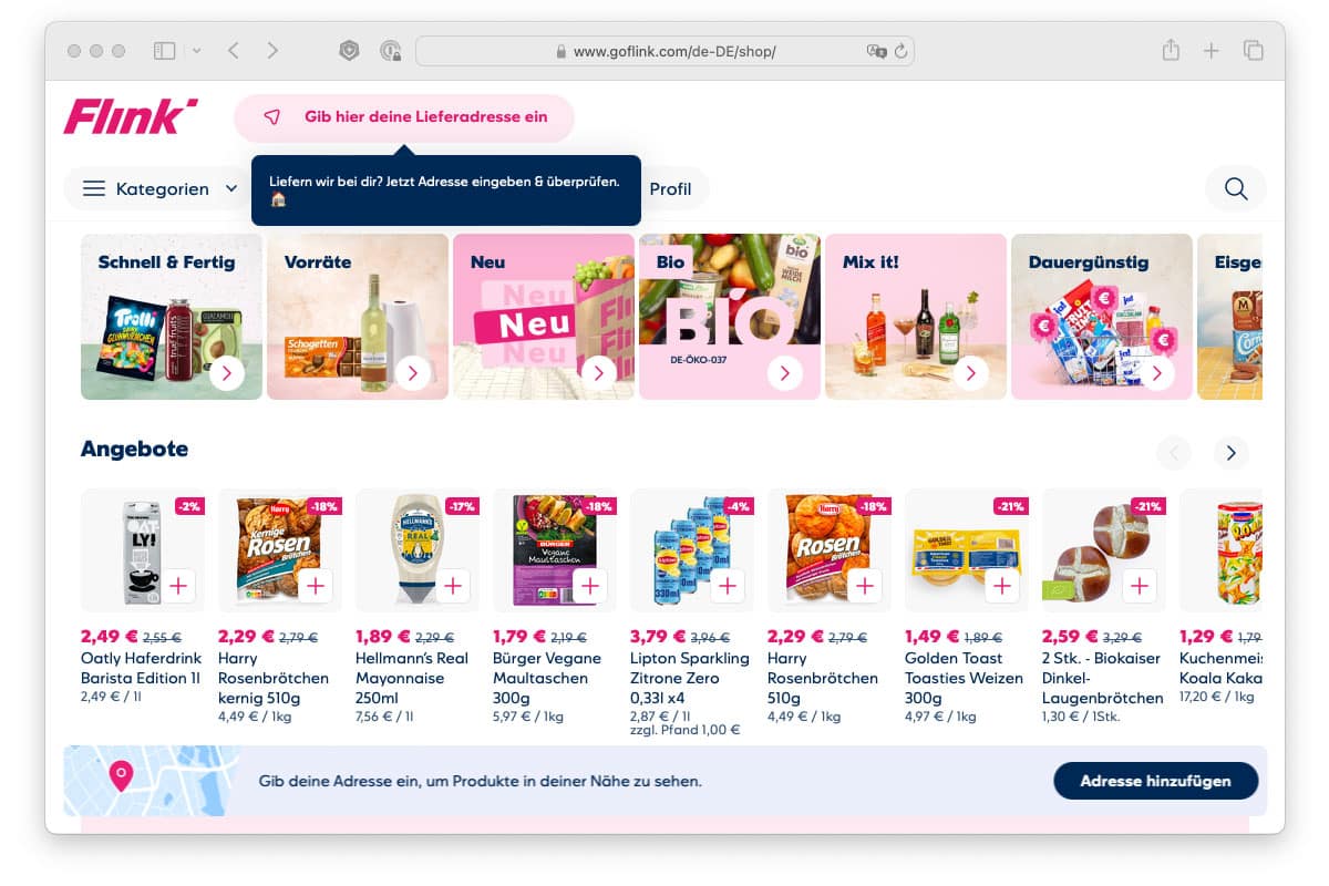 Flink — сервис быстрой доставки продуктов питания в Германии.