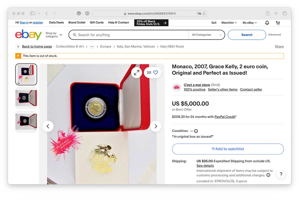 Монета в 2 евро стоит более 3000 евро. Пример на аукционе Ebay. Скриншот: ausnews.de