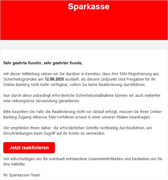 Так выглядит фишинговое письмо, отправленное от имени Sparkasse. Скриншот: Центр защиты прав потребителей
